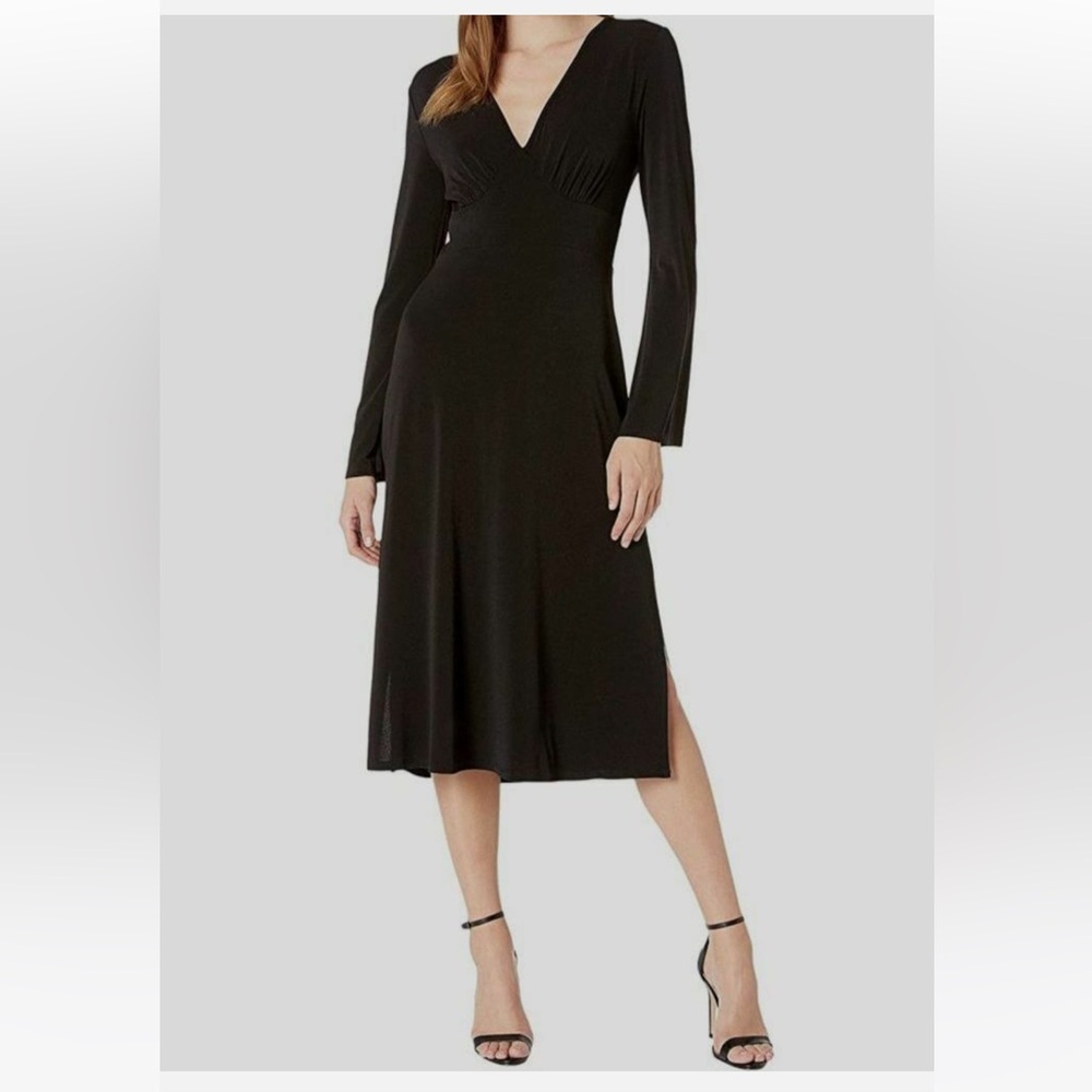 BCBGeneration Black V-Neck Midi Dress with Long Sleeves and Side Slits NWTs